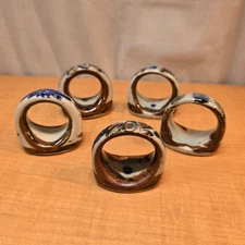 Set of 5 Mexican Tonala Ceramic Folk Art Napkin Rings Glazed 2"