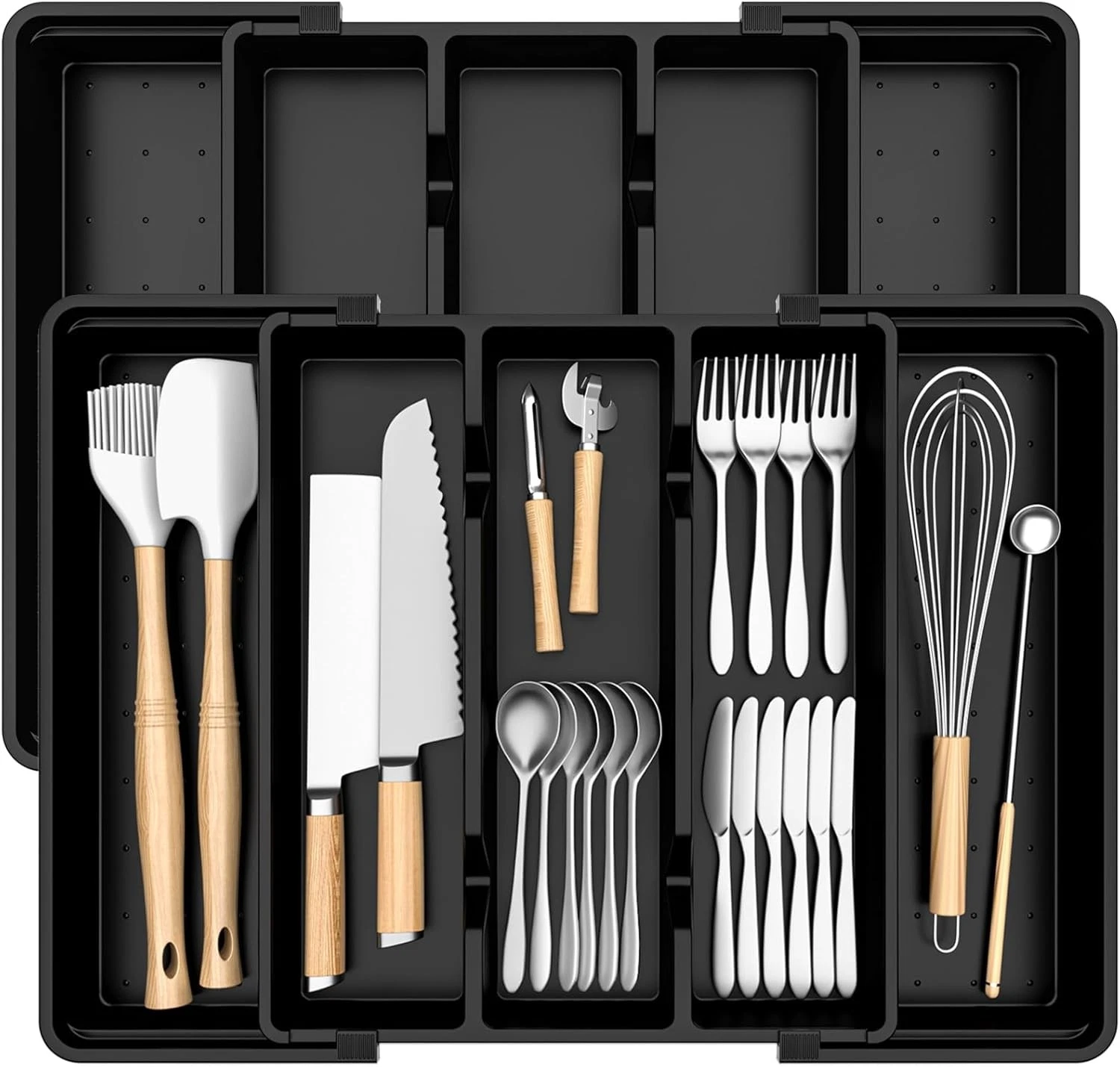 2 Pack Expandable Silverware Organizer Kitchen Drawer Tray Cutlery Storage Black