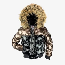 Appaman Gold &Black Shiny Fur Trimmed Hooded Zipped Puffer Coat Size 12 Preowned