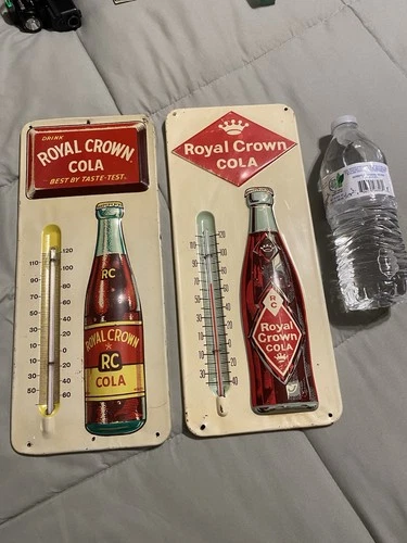 2 Vintage RC ROYAL CROWN COLA Thermometer Tin Sign 50s Diamond Crown ~40s Bottle