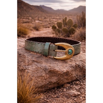 Streets Ahead Leather Belt Turquoise Buckle Western Tooled  display picture 2