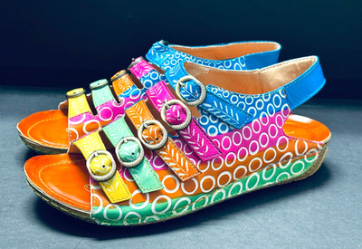 Soffia Rainbow Strap Bubble Pattern Leather Sandals Slingback Light Weight 39