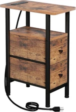 Narrow End Table 15.74''D x 7.87''W x 23.22''H (2 Drawers), Rustic Brown 