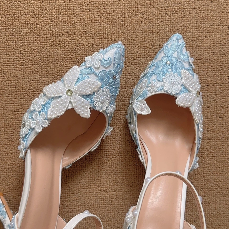 Light blue lace pearl flower pointed-toe ankle-strap high-heeled women's sandals - Image 4 of 4