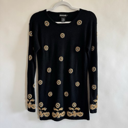Pierre Cardin, Pierre Cardin Vintage Lambswool Angora Sweater Black Gold Silver Beaded Small