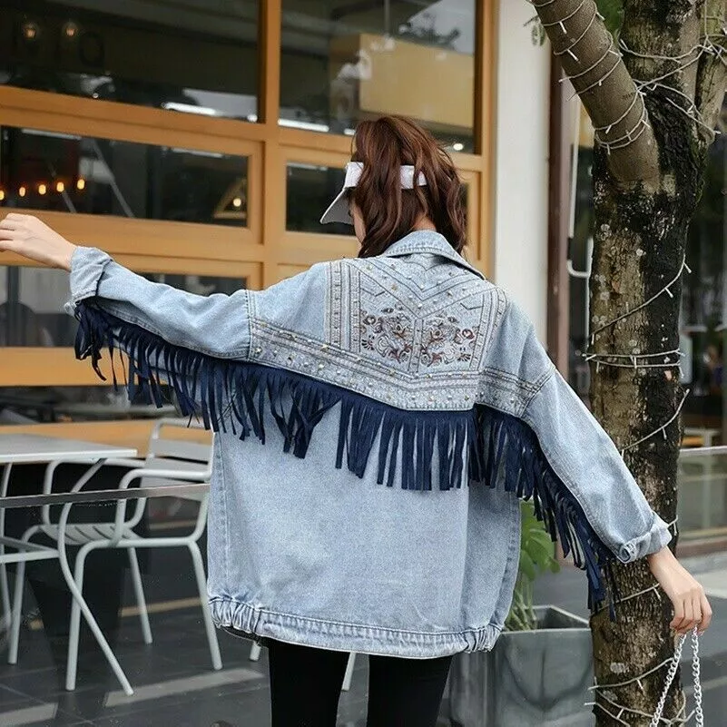 Denim Jacket Coat Top Tassels Embroidered Floral Rivet Fringe