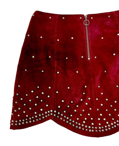 FREE PEOPLE Suede Mini Skirt Red Leather Studded Scalloped Festival Rocker Sz 2 - Picture 8 of 11