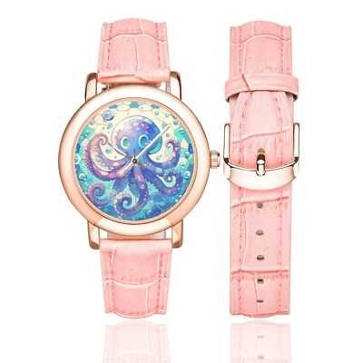 Süße Oktopus Uhr mit rosévergoldeter Lünette und rosa Lederband