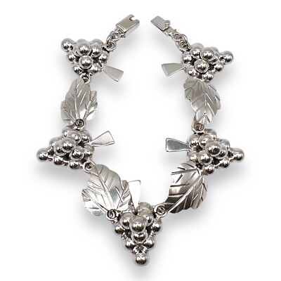 Vintage Taxco Mexico Sterling Silver Grape Leaf Vine Link Bracelet 7.5''- 0956