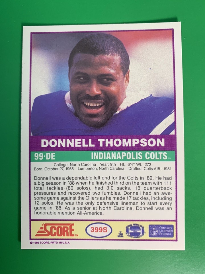 1989 SCORE Donnell Thompson #399S Indianapolis Colts | eBay