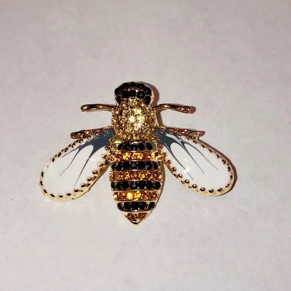 Queen Bee Gold Crystal Rhinestone Brooch Pin Black Honey Bumble Insect Bug