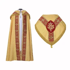 New Yellow Cope & Stole Set with IHS embroidery,capa pluvial,chape,far fronte