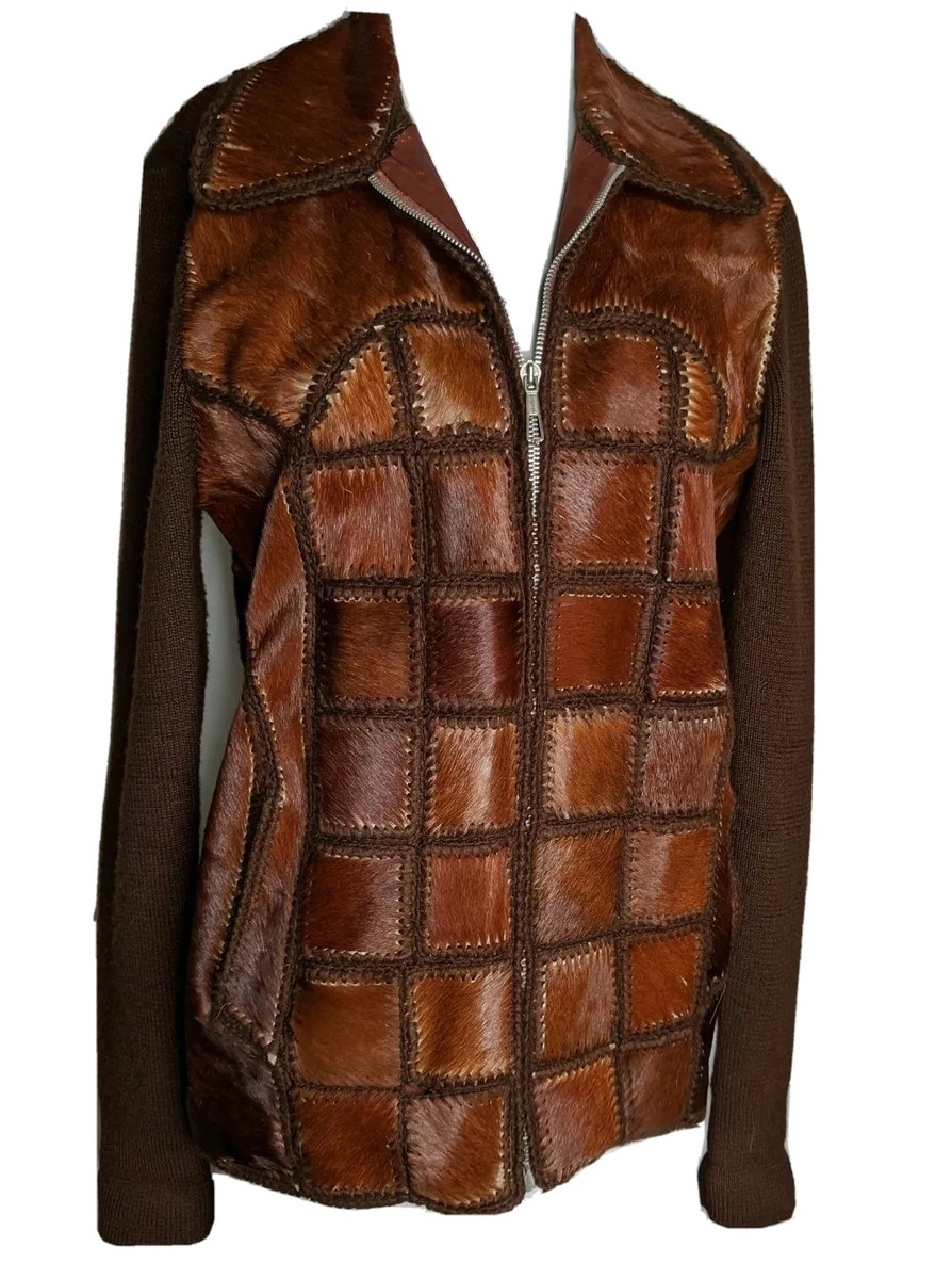 Leather Jacket Patchwork Vintage 70s Womens Cardigan Cowhide Leather Jacket Patchwork Vintage 70s Womens Cardigan Cowhide