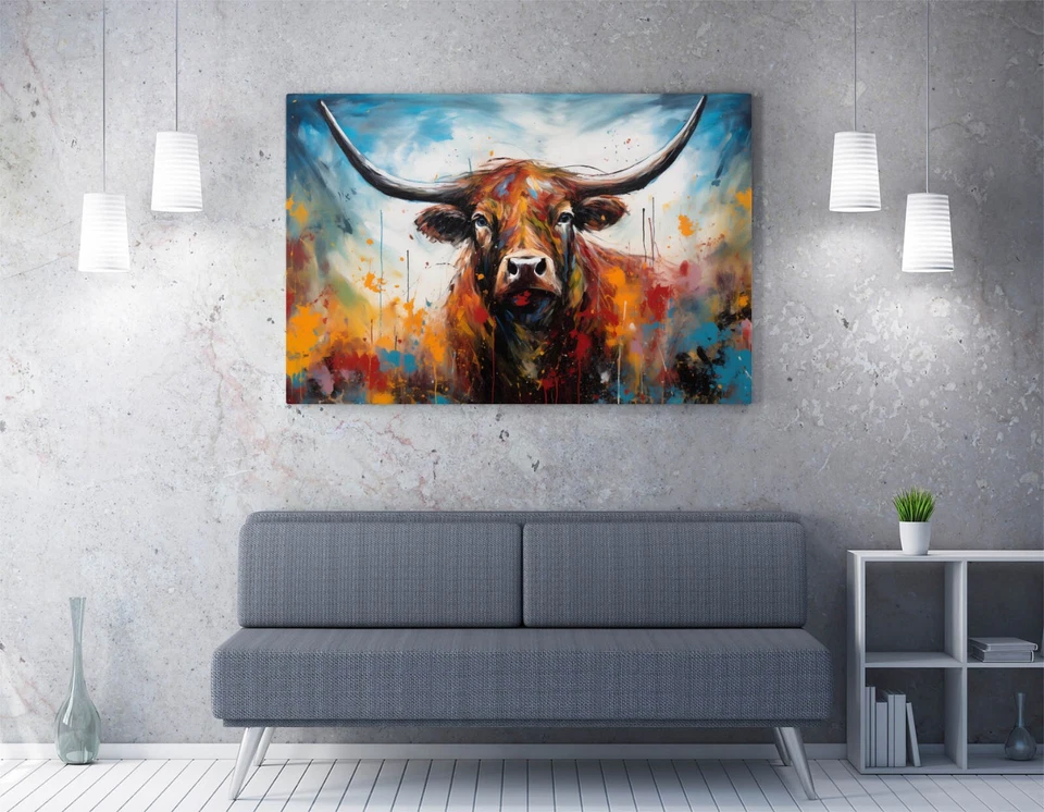 HIGHLAND COW IN FIELD POLLOCK STYLE -DEEP FRAMED CANVAS WALL ART PRINT - image 2 of 2