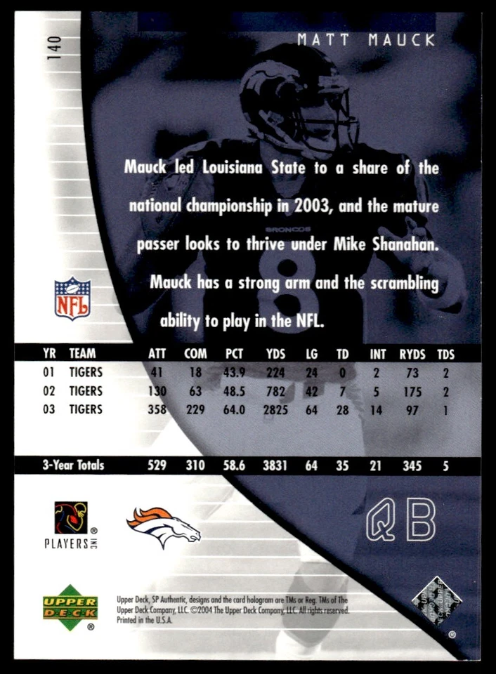 2004 SP Authentic Matt Mauck Rookie 0555/1199 Denver Broncos #140 R11 - Image 2 of 2