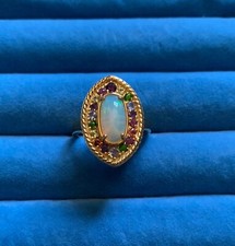 Ethopian Welo Opal, Multi Gemstone Halo Ring in Vermeil YG over Sterling - Sz 8