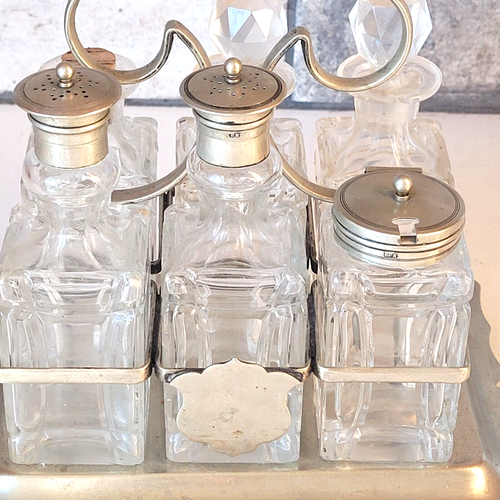 EPNS Glass & Silver Plate Cruet Set of 6 in Caddy Antique - Picture 4 of 16