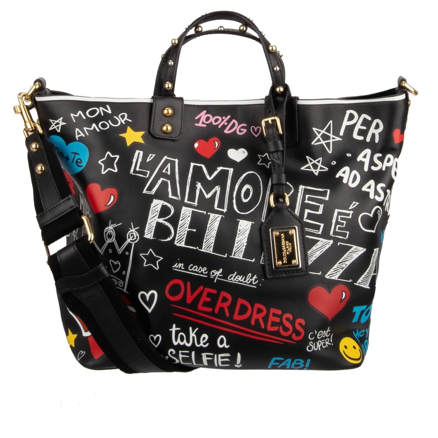 DOLCE & GABBANA Graffiti Amore Crown DG Logo Leather BEATRICE Shopper Bag Black