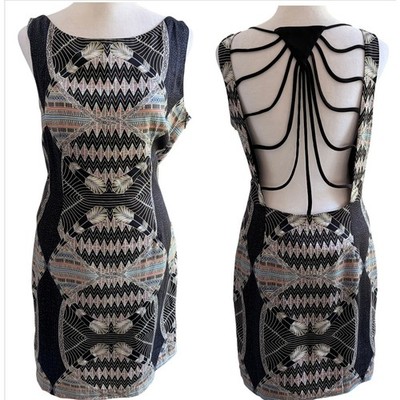 Mara Hoffman Silk Mini Dress 8 Tribal Geometric Open Caged Back Sleeveless Black