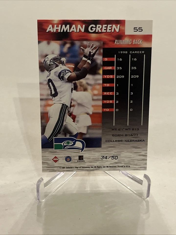 Holograma Collector's Edge 1999 verde AHMAN #55 Nebraska Cornhuskers 34/50 ¡Raro! Foto 2 de 2