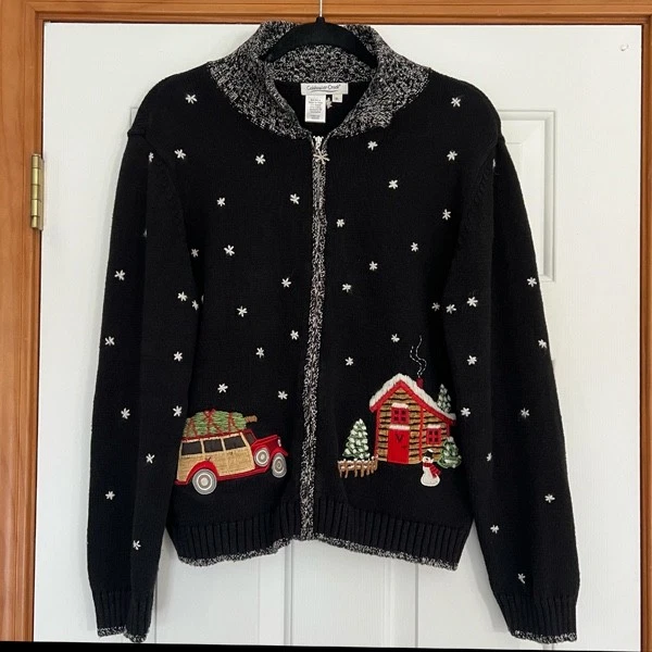 Cárdigan para mujer Coldwater Creek negro con cremallera navideña XL bordado camioneta Foto 3 de 4