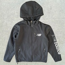 New Balance Womens Small Black Nylon Fleece Lined Softshell Jacket Hooded Zip Up