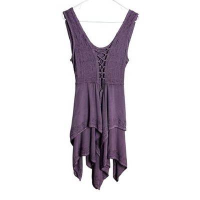 Flower Asymmetrical Boho Tunic Top Womens Plus Size Purple Sleeveless Lace Up