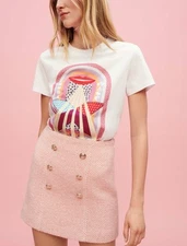 Maje Tweed Mottled Front Gold Button Mini Skirt Pink Ecru Size 40 EU - 10 USA