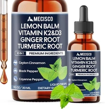 10-in-1 Lemon Balm Liquid Drops with Vitamin D3 K2 Ginger Turmeric Black Pepper