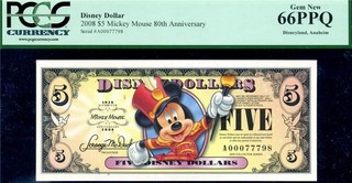 HGR FRIDAY 2008 $5 Disney Dollar Mickey ((WANTED GEM)) PCGS GEM NEW 66PPQ