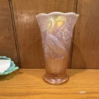 Iridescent Carnival Glass Peacock Floral Vase Pink White Glossy Finish Fenton