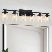 6 Light Matte Black Bathroom Vanity Light Fixtures with Clear Glass and Metal...