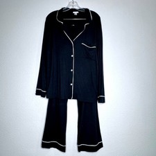 EBERJEY Pajama PJ Set Long Sleeve Button Up Pants Black w. White Piping Lounge