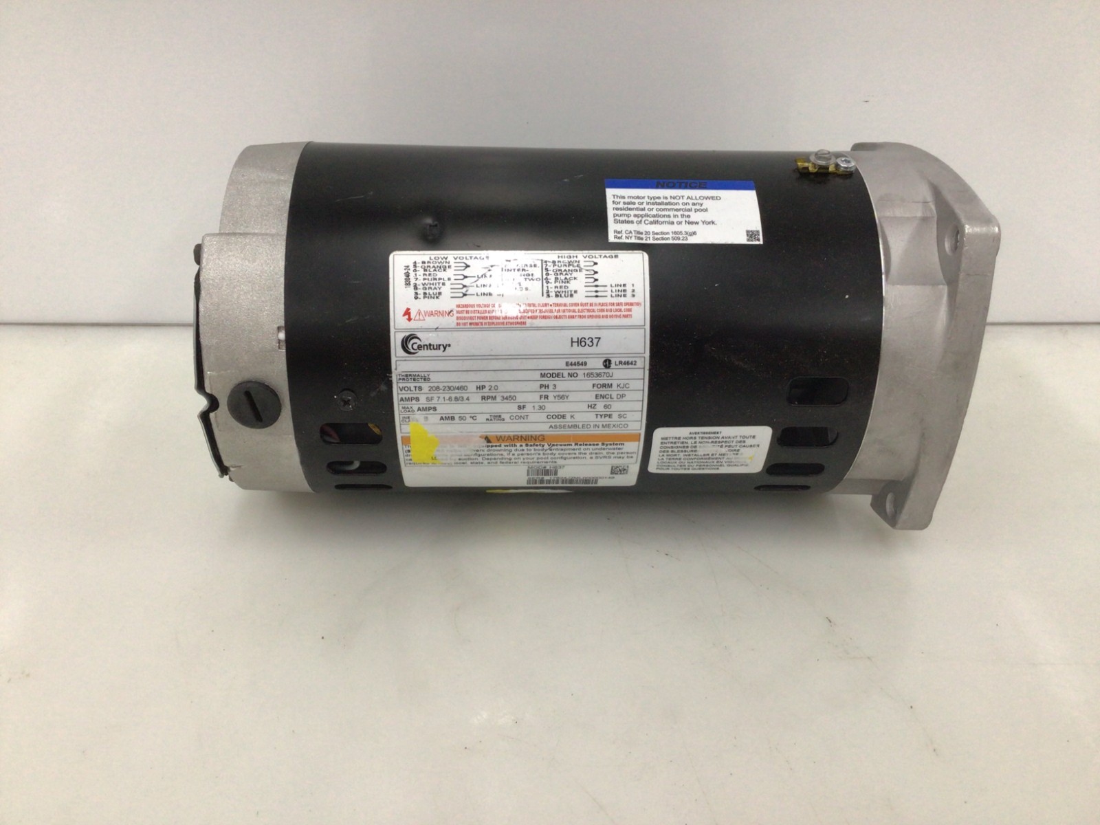 CENTURY H637 Motor,2 HP,3,450 rpm,56Y,208-230/460V 4YY46