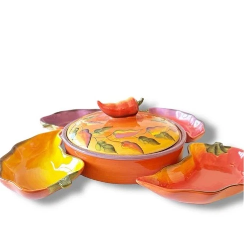 Clay Art Hand Painted Chili Fiesta Ceramic Tortilla Warmer + 4 Pepper Dishes EUC