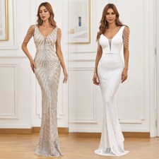 Ladies Sequin Beaded Ball Gown Prom Long Dress Deep V Neck Bodycon Evening Dress