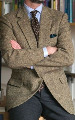 Men Tweed Suits Brown Blazer Black 
