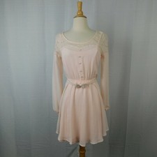 Candies Long Sleeve Lace Yoke Sweetheart A-Line Dress Bow Belt Blush Pink Small