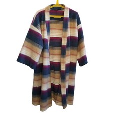 Vintage Womens Longline Open Front Cardigan Striped Fuzzy OSFM Blue Magenta