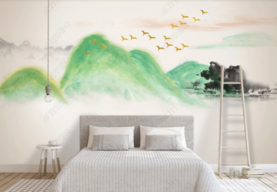 3D Abstract Mountain River Bird Self-adhesive Removeable Wallpaper Wall Mural