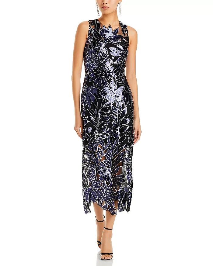 MILLY Kinsley Floral blk/navy Sequin Lace Embroidered Cocktail Midi Dress  Sz