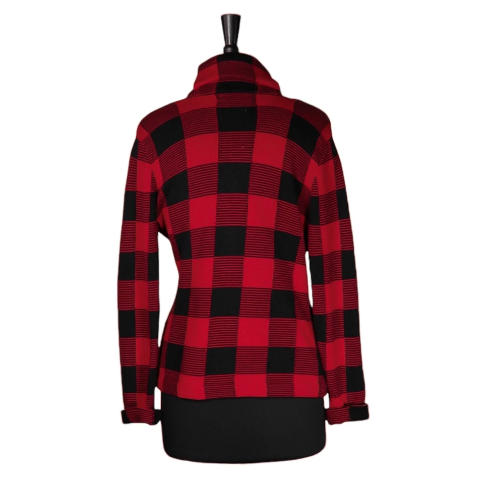 Chaps Ralph Lauren Women's Knit Cardigan Red Black Buffalo Plaid Sweater Size PM - Image 2 of 4