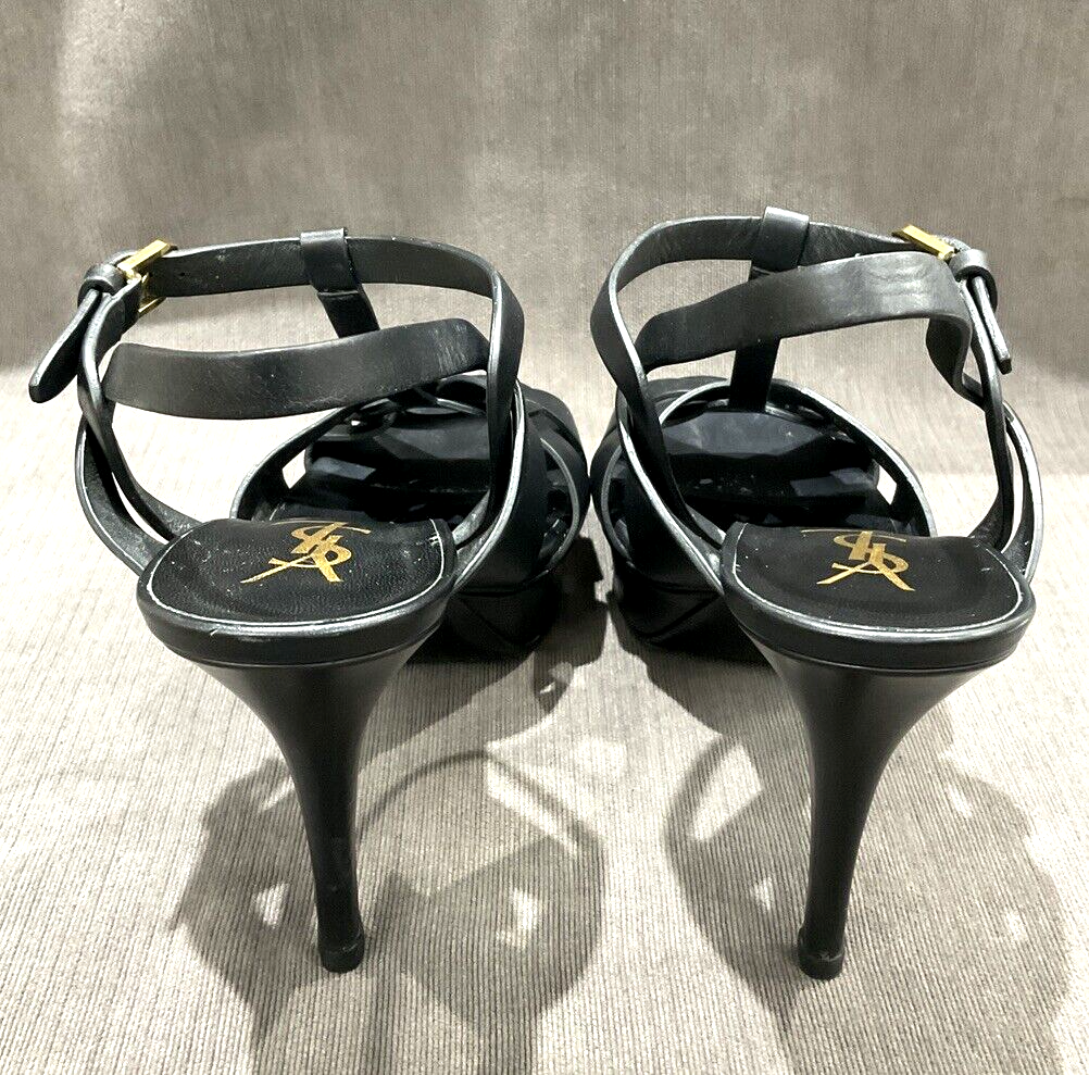 Sandali con tacco YSL Saint Laurent Tribute cinturino a T in pelle nera plateau US 10 5