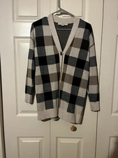 LOFT Beige Brown Plaid V-Neck Button Down Cardigan Sweater Size XS NEW