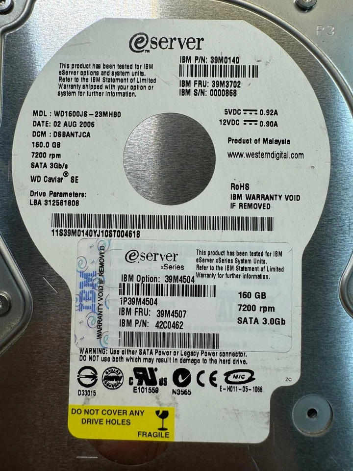 IBM 39M4507 39M4504 42C0462 1P39M4504 160Gb 7.2K 3Gb/s SATA 3.5in HDD - Image 2 of 4