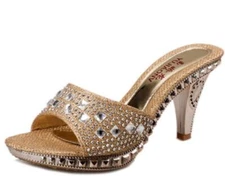 Womens Dress Sequins Open Toe Slippers Rhinestone High Block Heels Sandals Shoes