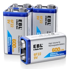 EBL 4x 9V Li-ion Battery 600mAh Rechargeable Batteries 6F22 9-Volt Battery