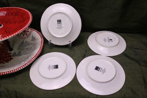 222 Fifth Northwood Cottage Winter Holiday 4 Appetizer Plates & Two Tier Tray - Picture 6 of 8