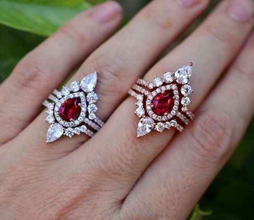 Exquisite Pear Cut Lab Created Ruby Rose Gold Plated on Silver Art Deco Ring Set - Picture 7 of 7
