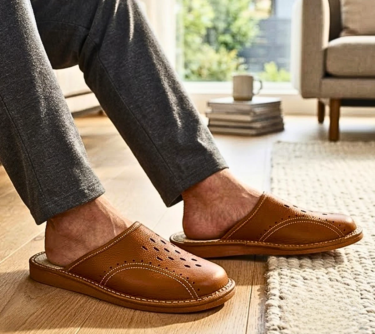 Herren Leder Hausschuhe Braun Latschen Pantoffeln Schlappen Pantoletten Gr.40-48